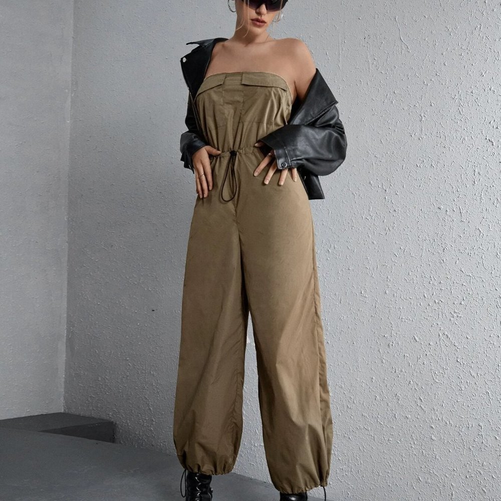 Army Green Boho Womens Drawstring Waist Tube Parachute Jumpsuit - Picture 5 of 5